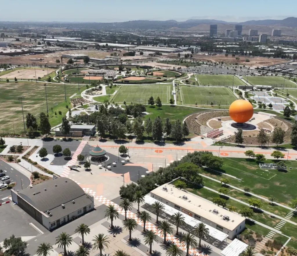 aerial view of great park showing the sports fields and orange balloon