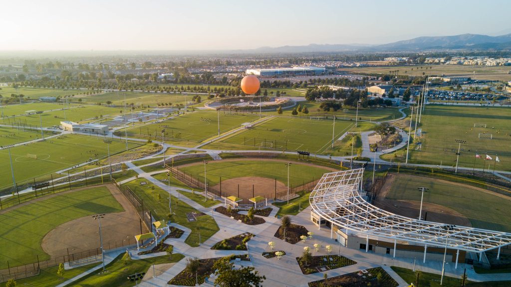 aerial view of great park baseball complex with great park balloon