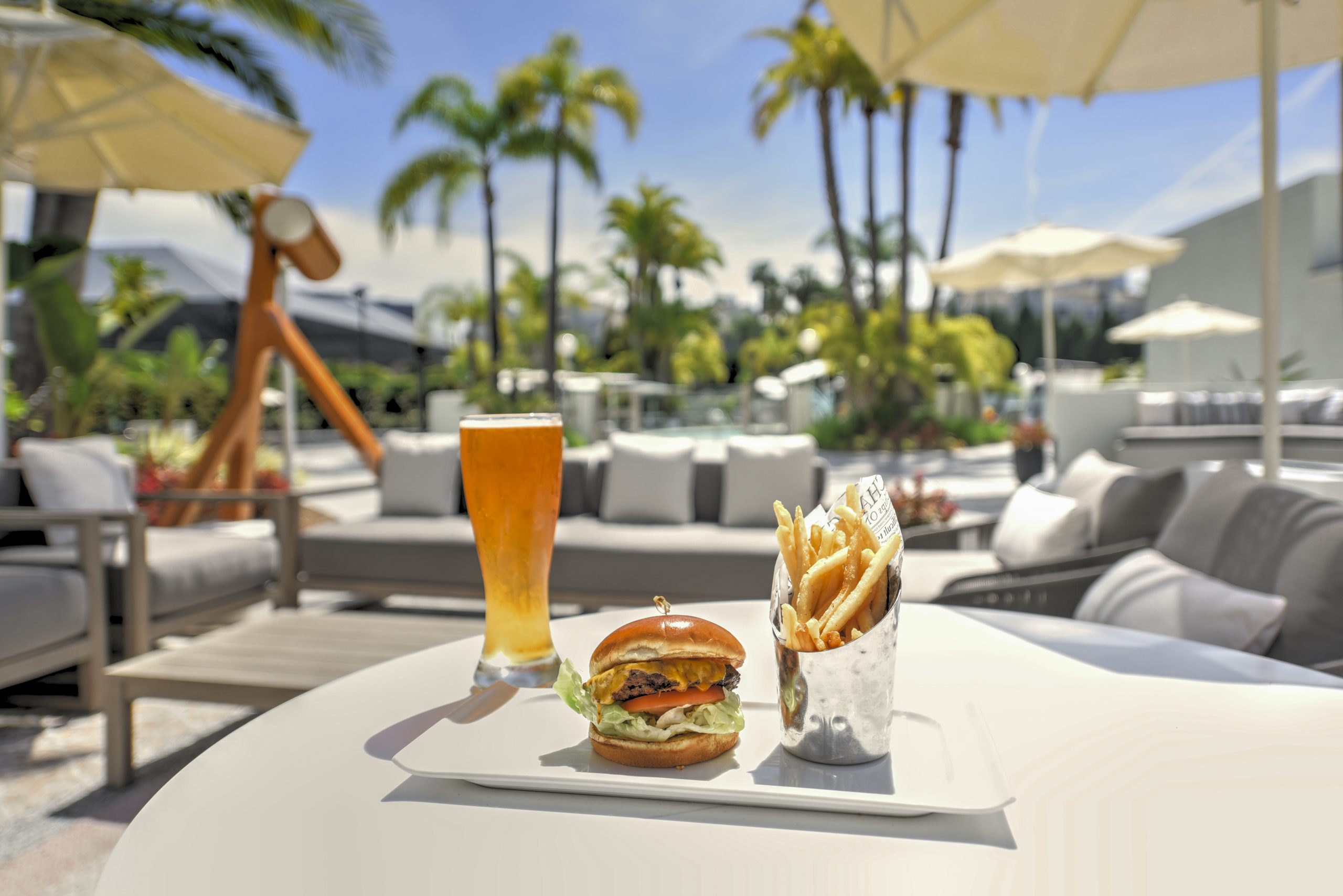 beer burger and fries at outside patio by the sun at hilton irvine