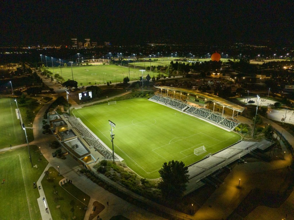 night time at great park championship soccer stadium