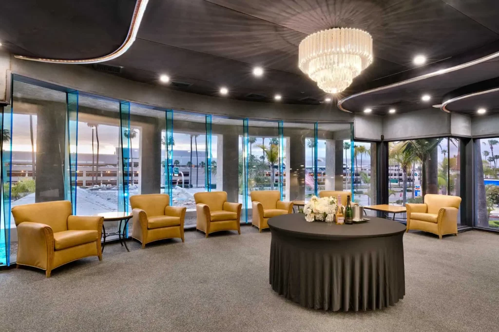 meeting room at atrium irvine with chairs table and chandelier