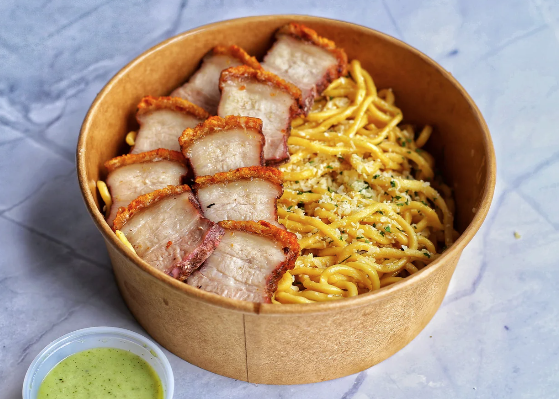 garlic noodles with pork belly at saiga vietnamese eatery